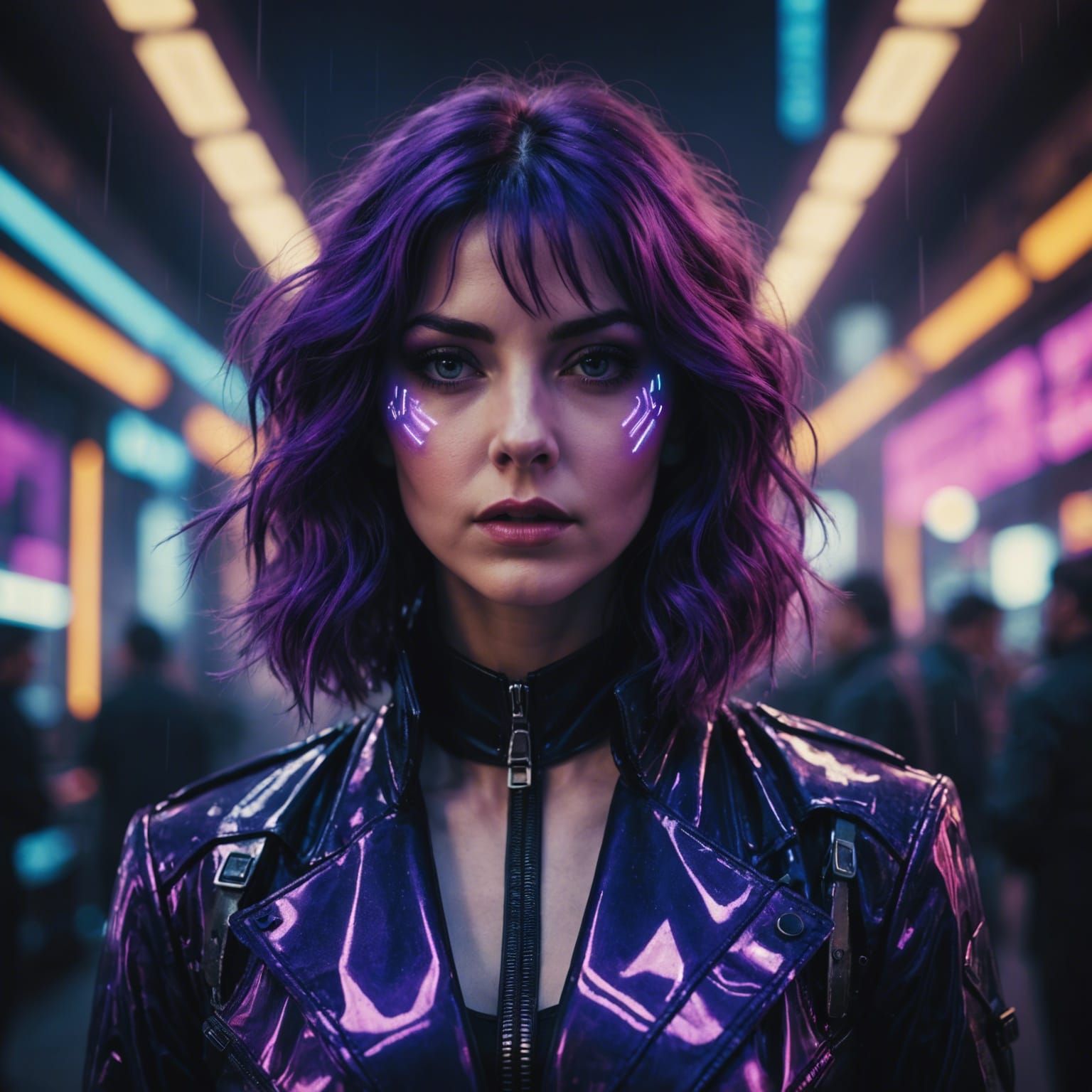 Double Exposure of a Purple Lady in Cyberpunk Style