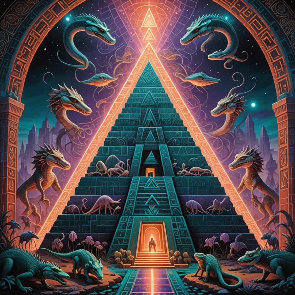 Vibrant Surrealist Pyramid in a Dreamlike Setting