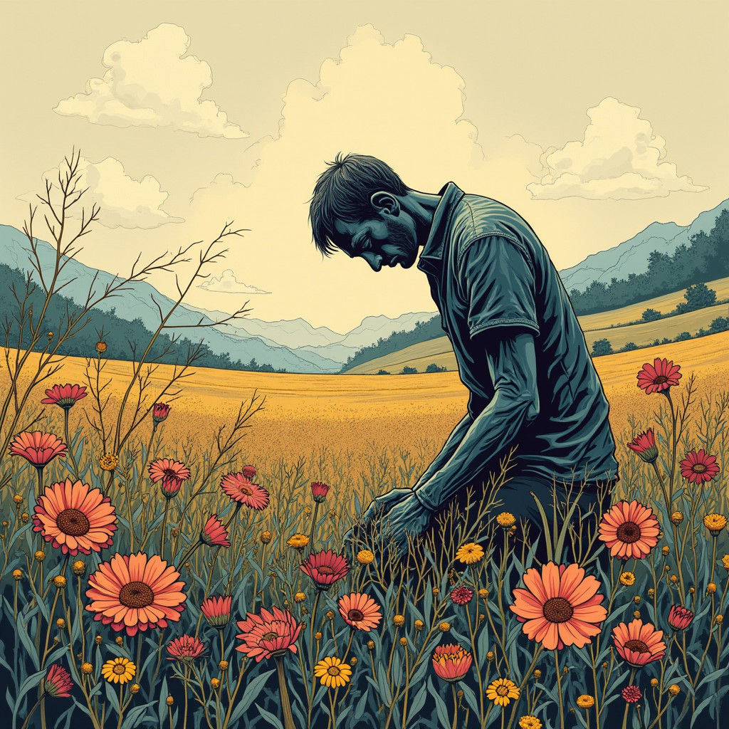 Depression in Wildflowers: A Woodcut Illustration