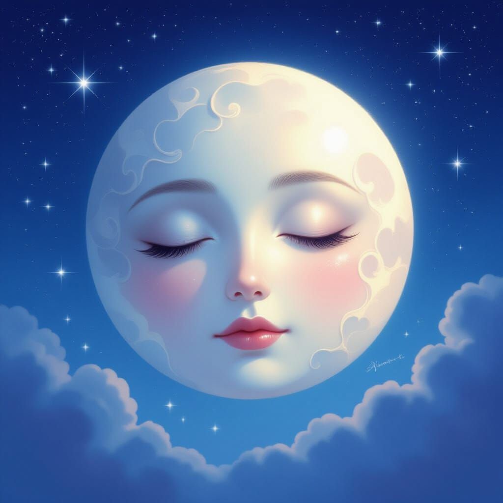 Serene Sleeping Moon Face in Starry Night Sky