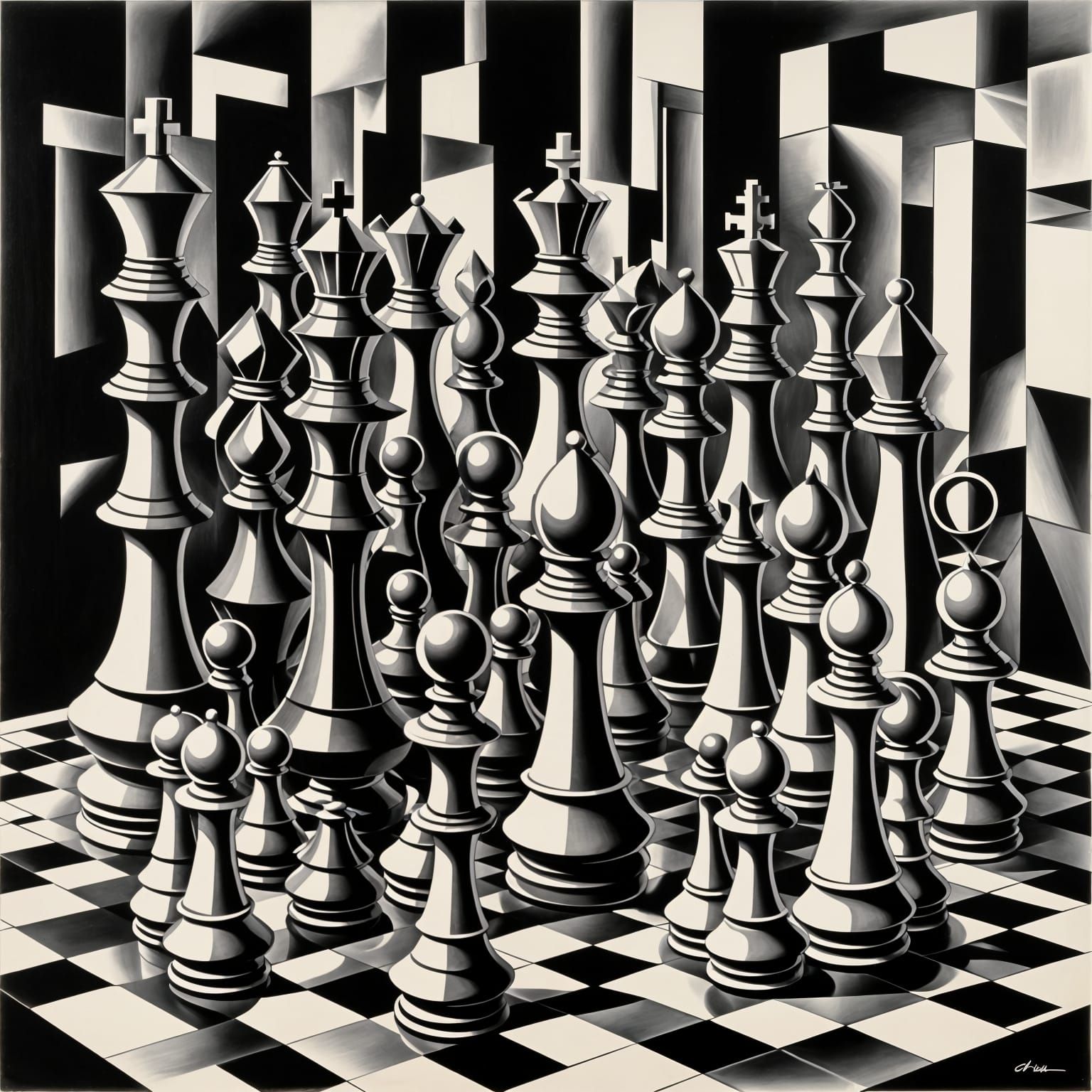Abstract Cubist Chess Pieces in Monochrome