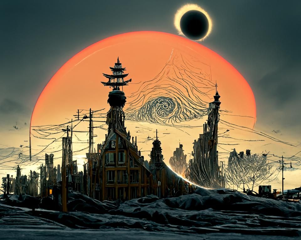 Swirling Sun Over Modern City: Digital Illustration