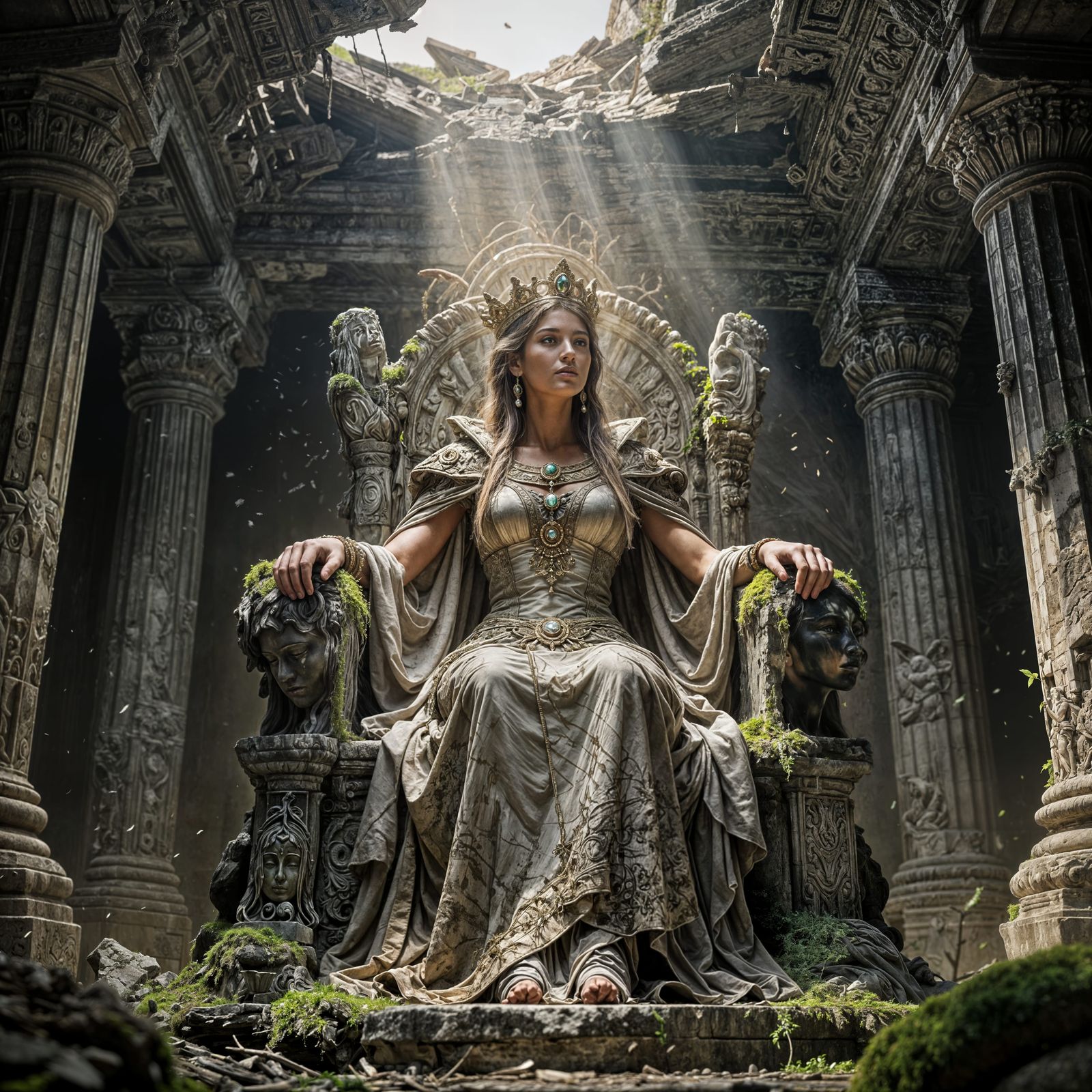 Queen on Ancient Throne in Sunlit Temple Ruins
