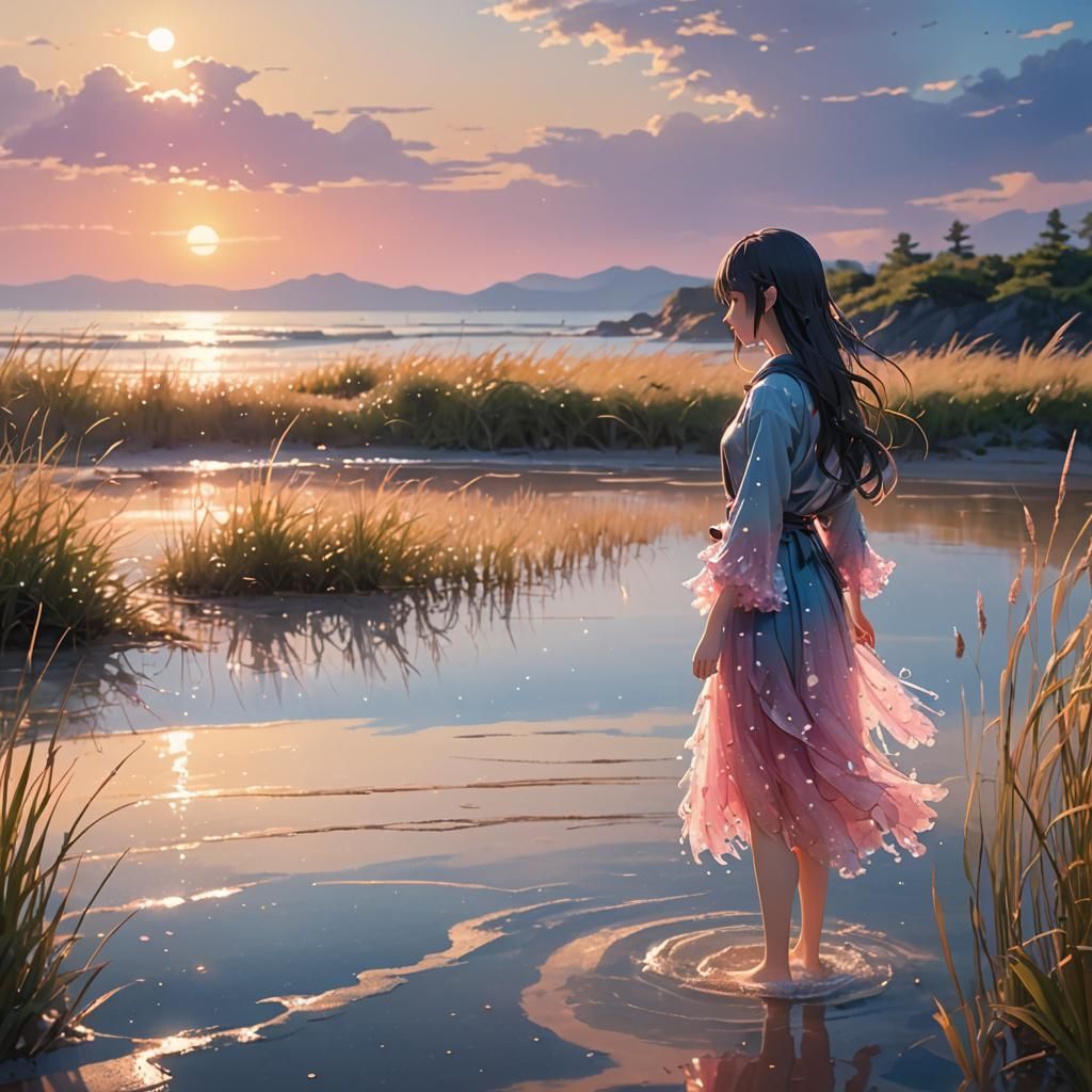 Anime Figure on Beach in 3D