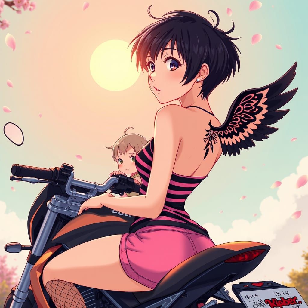 Vibrant Emo Woman with Pixie-Cut Hair and Black Wings