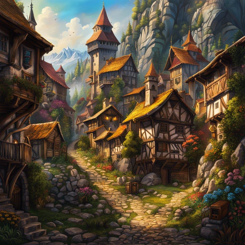 Picturesque Medieval Village in Alps: Digital Matte Painting