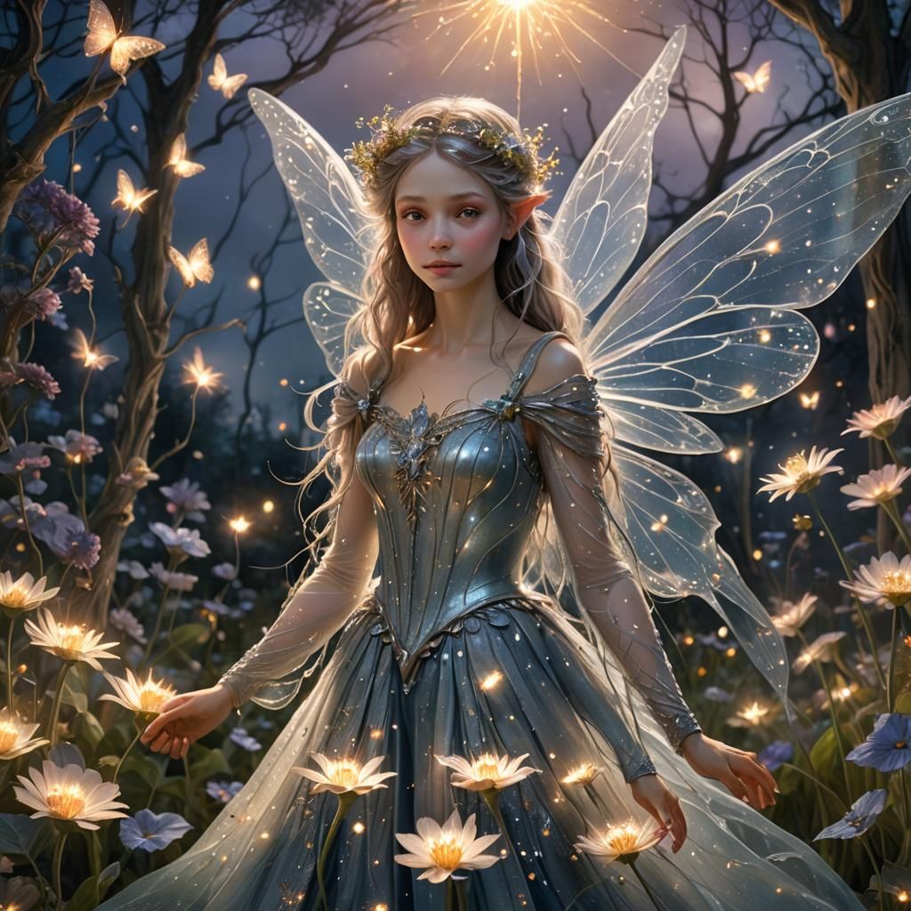 Fairy in Flower Garden at Dusk in Fantasy Art Style