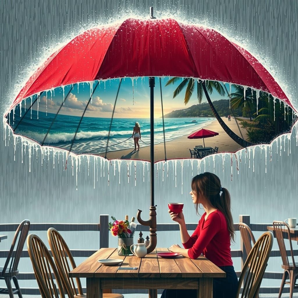 Whimsical Beachside Gathering Under a Red Umbrella