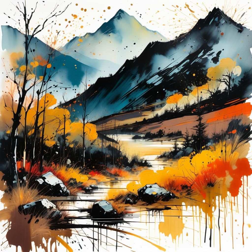 Expressionist Autumn Mountain Landscape with Ink Splatters