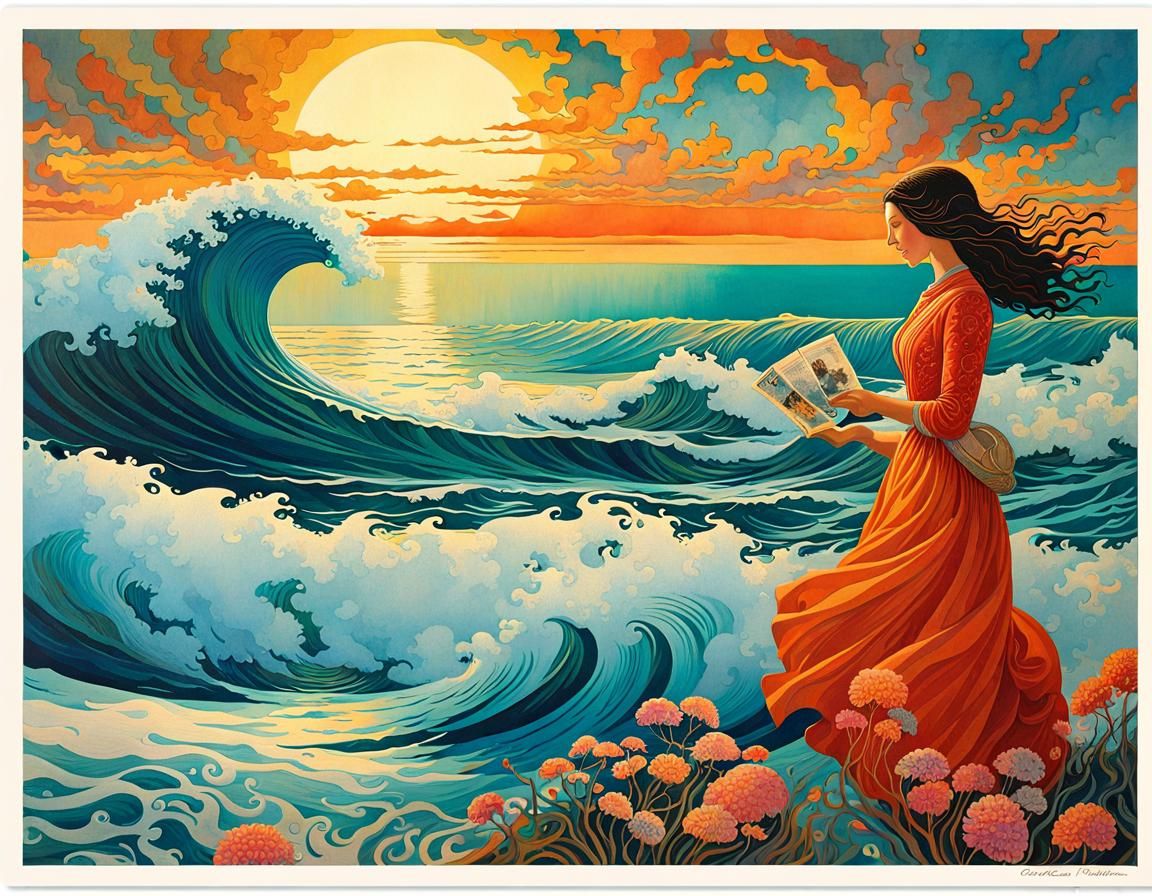 reading a book by the ocean