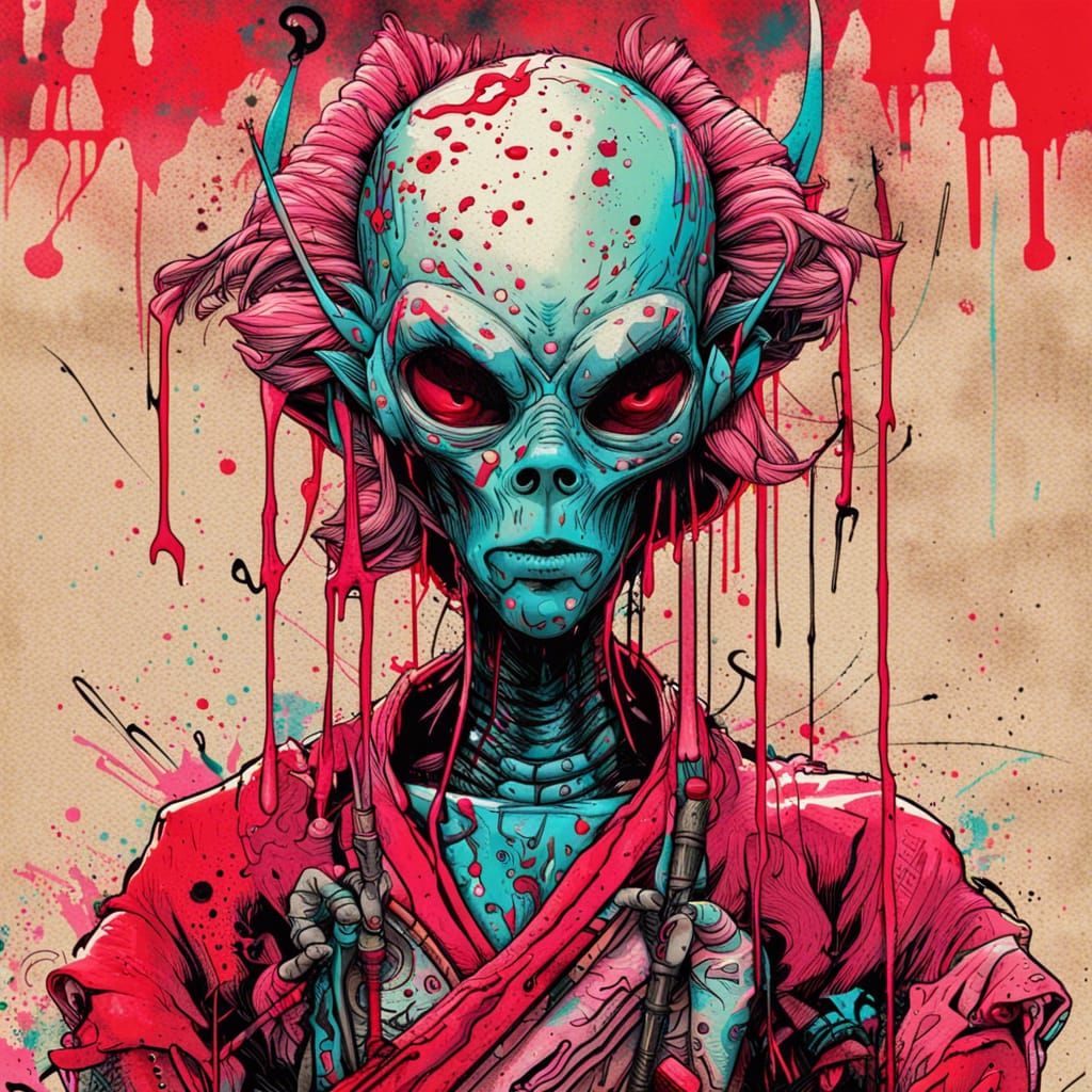 Alien Samurai in Pop Art Style with Neon Highlights