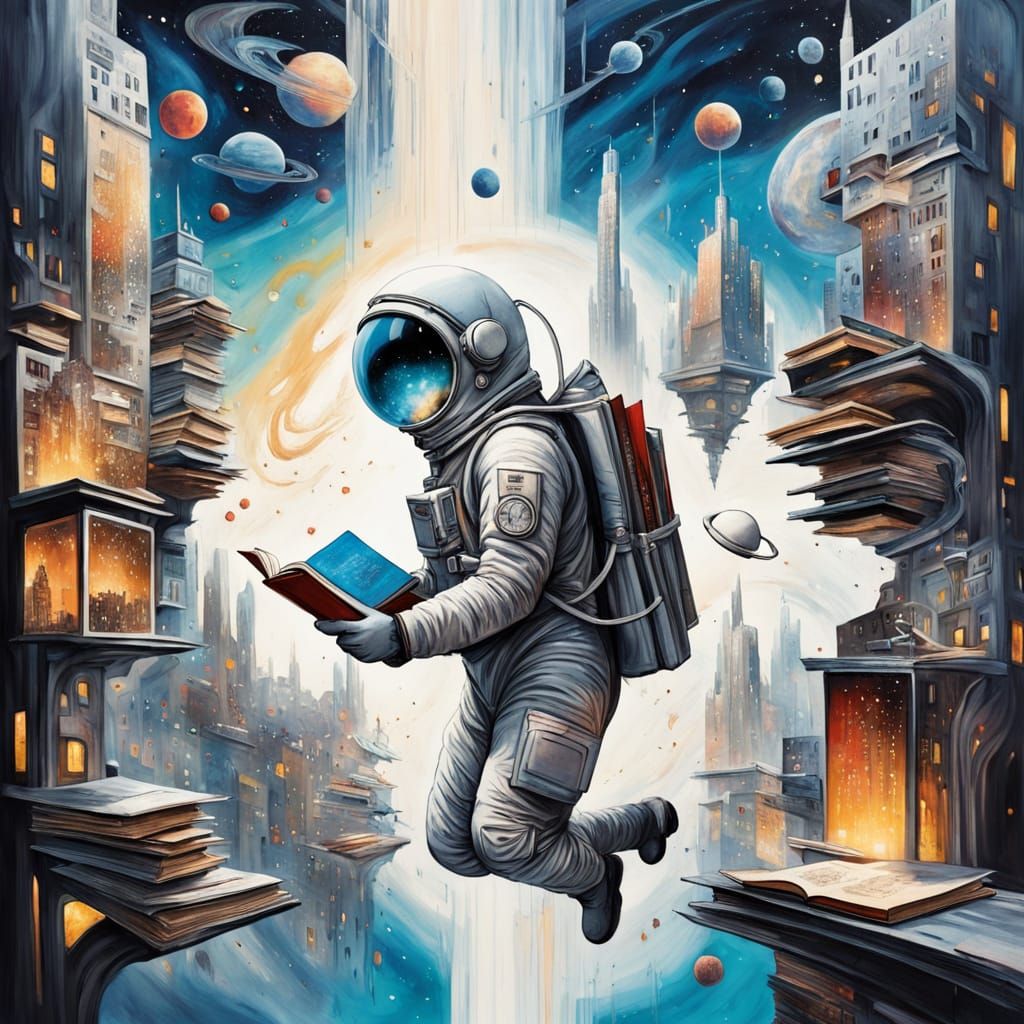Surreal Book Cityscape with Spacesuit Reader
