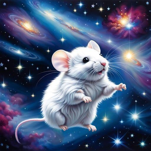 eine schwerelos fliegende weiße Maus