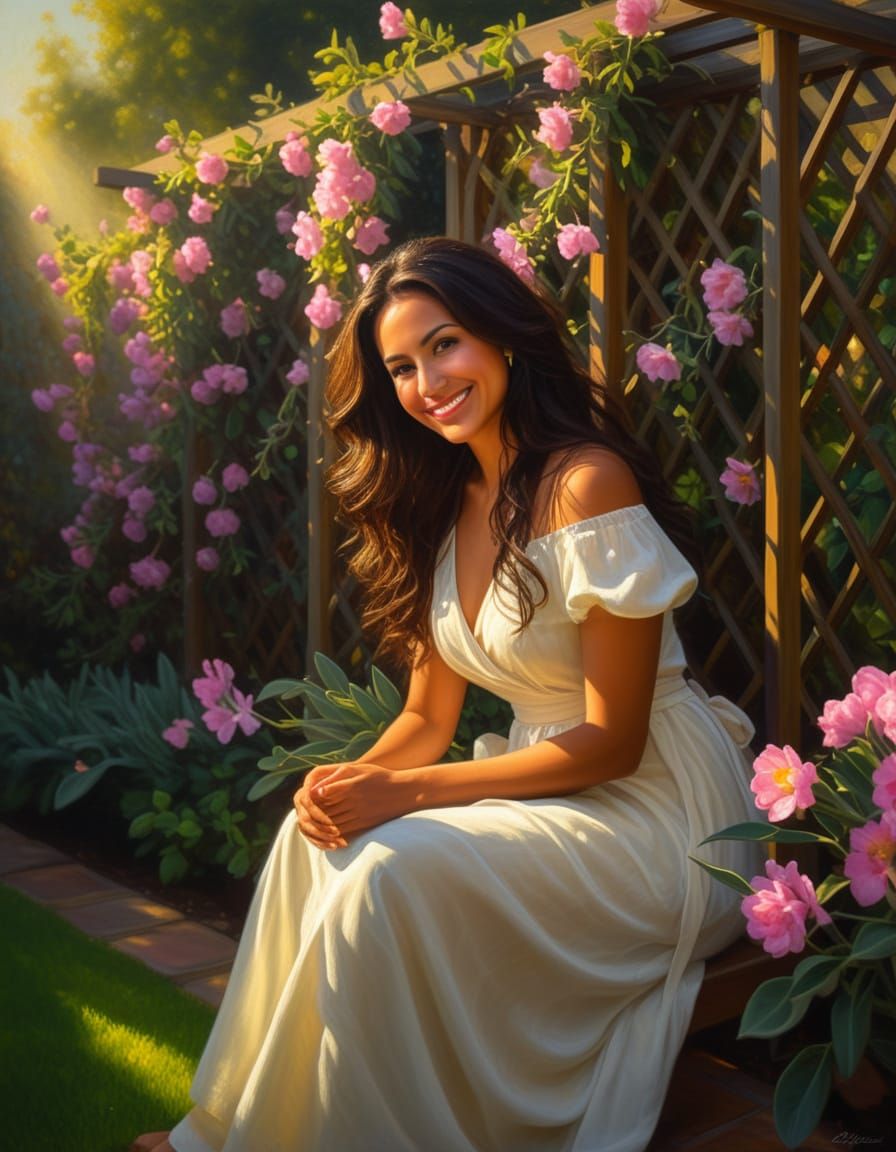 Woman in Garden Trellis in Romantic Realism Style