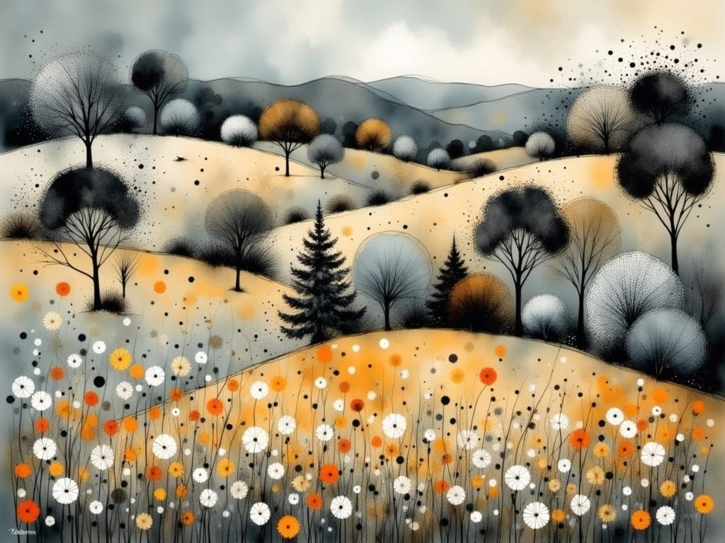 Gingham Landscape in a Moody, Art Nouveau Style