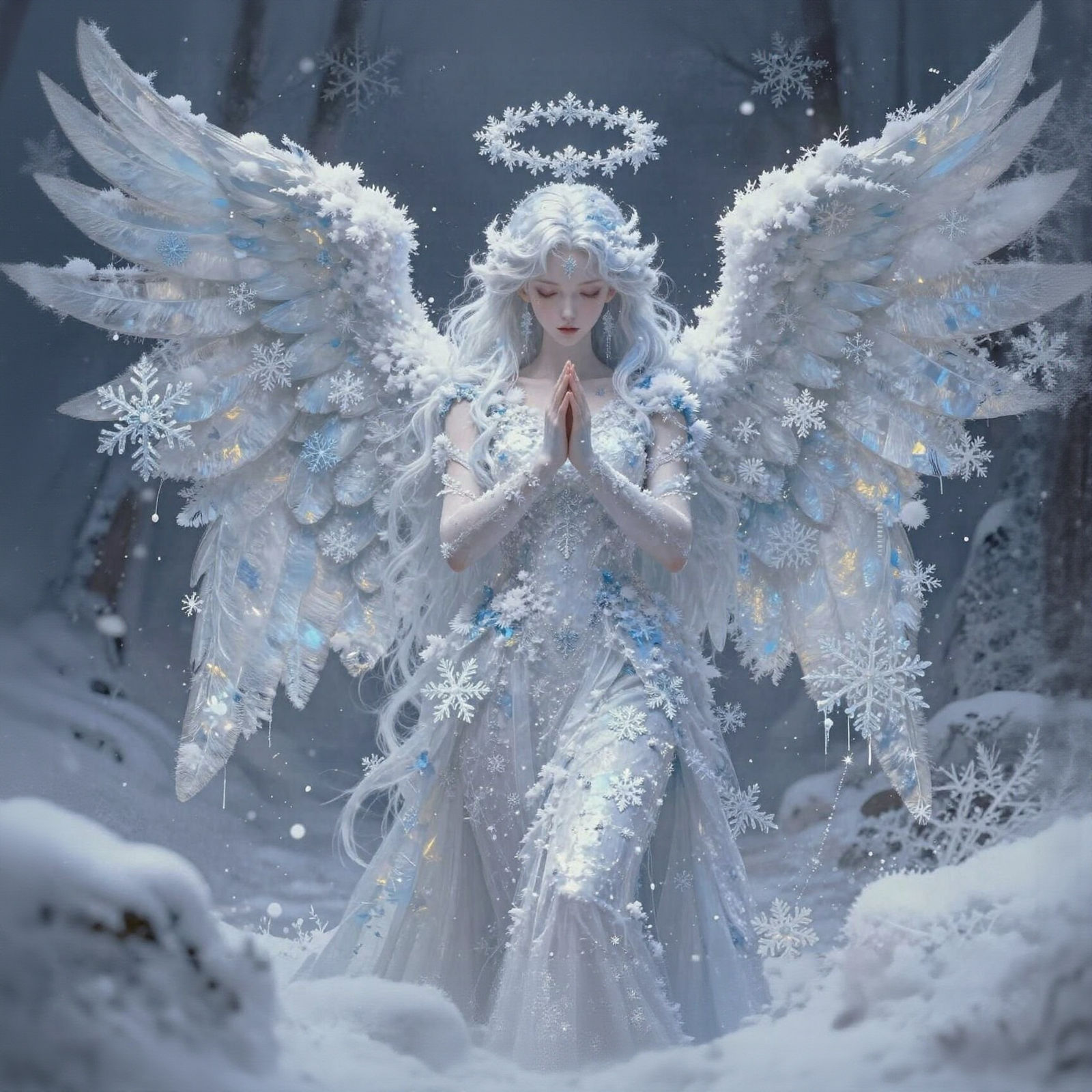 Snowflake Guardian Angel in Biblical Winter Scene