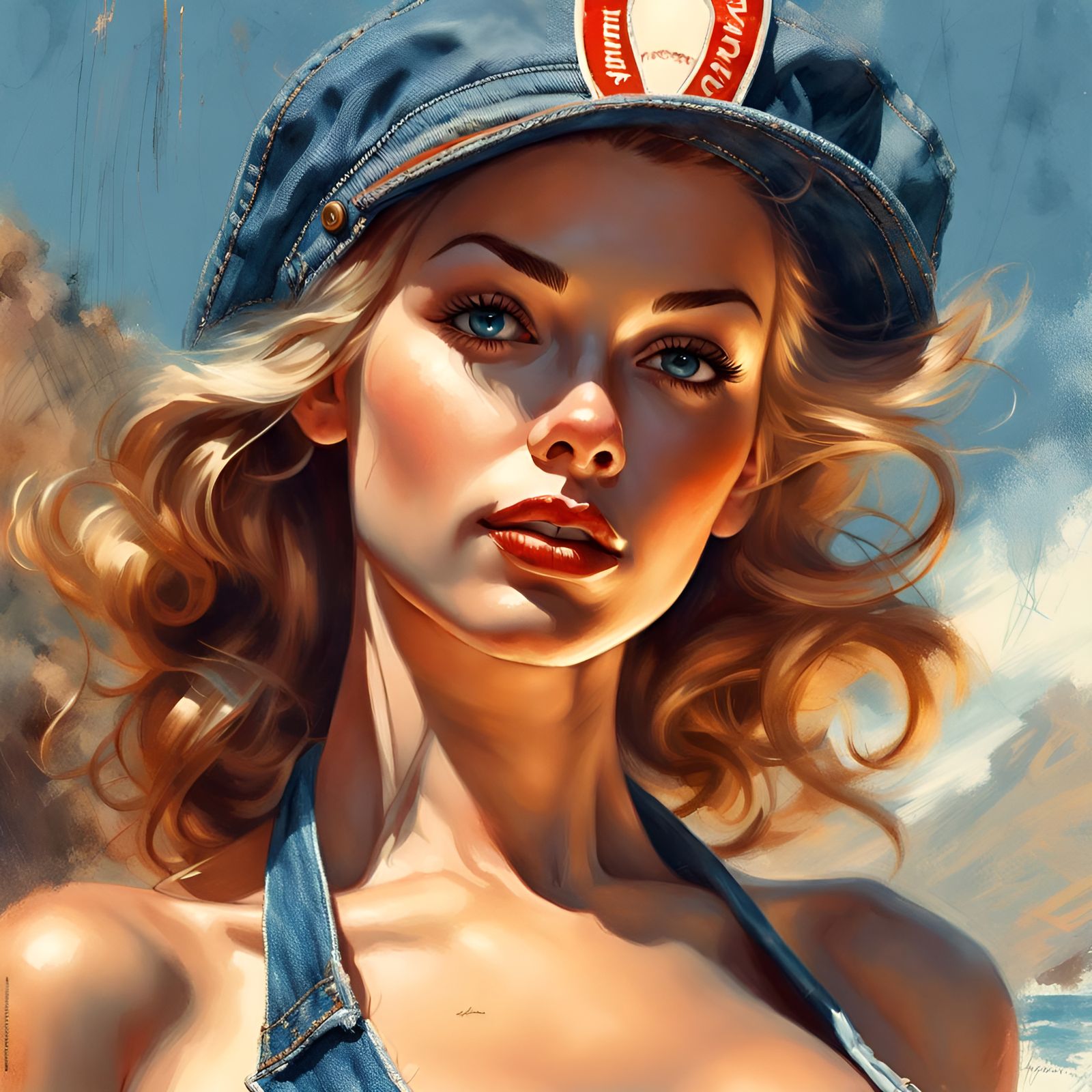 Denim Bikini Woman Portrait in Digital Illustration Style