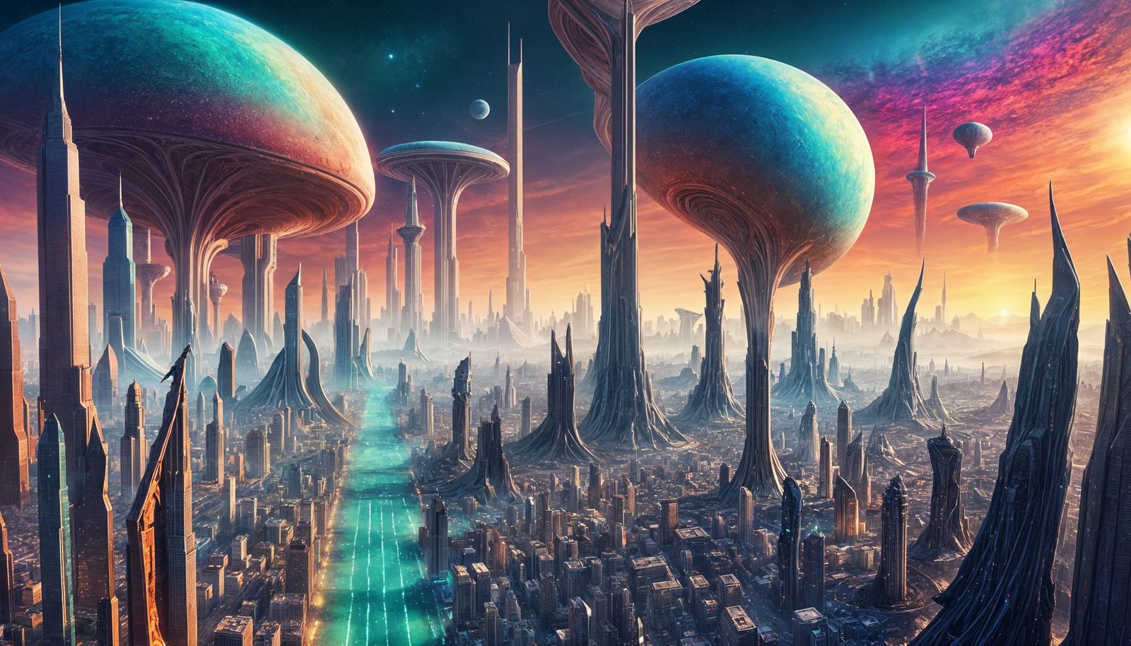 Vibrant Alien Cityscape Under Surreal Sky