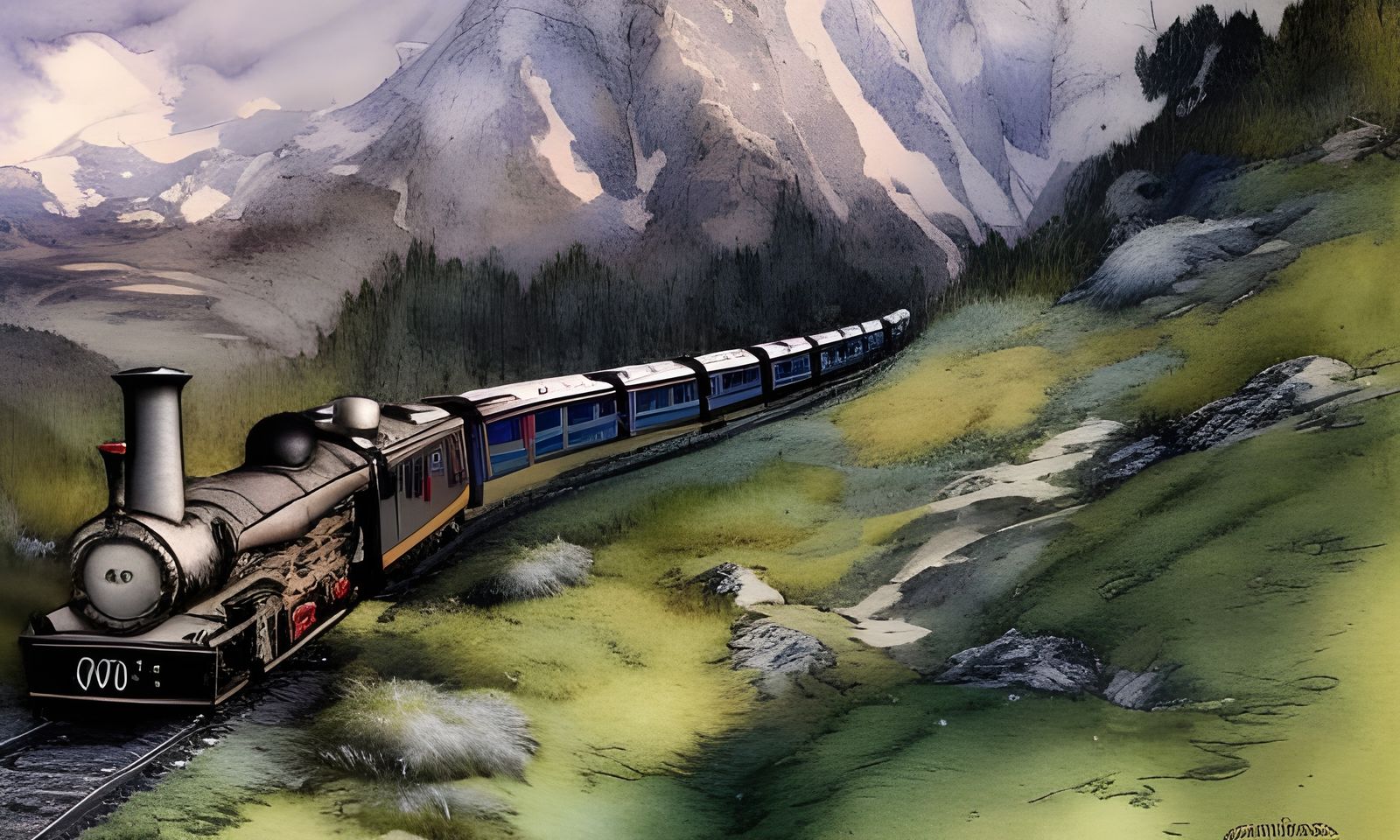 Iridescent Model Train Landscape: Aquarel Style