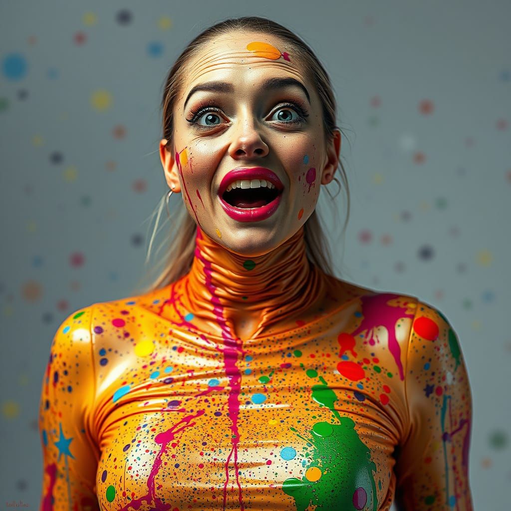 Woman in Rainbow-Hued Latex Bodysuit Exudes Playful Surprise