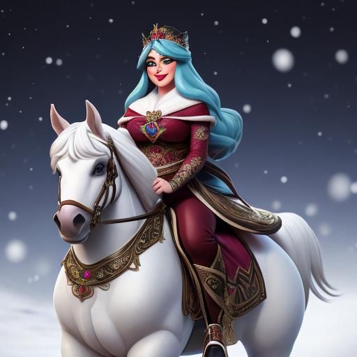 Chibi Woman Rides Horse Through Winter Wonderland