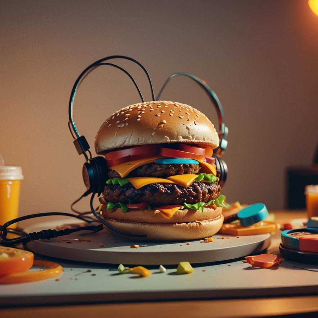 Cartoon Burger with Headphones in Cinematic Lighting