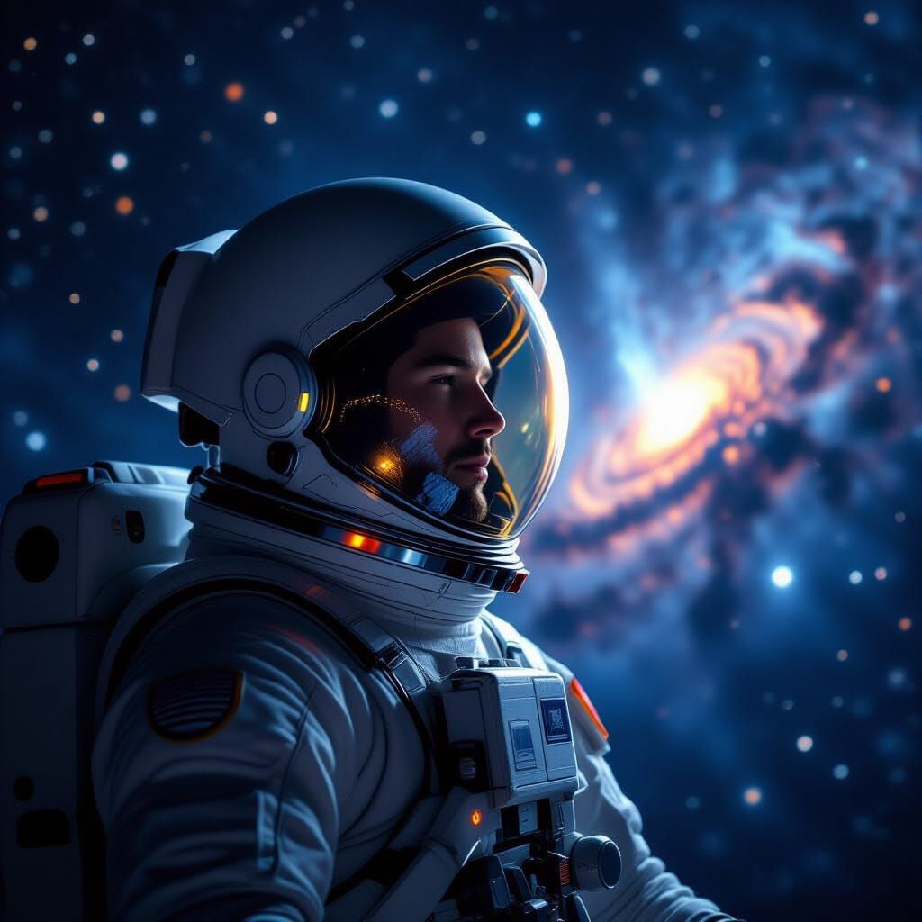 Astronaut Adrift in Deep Space Reflecting Nebula
