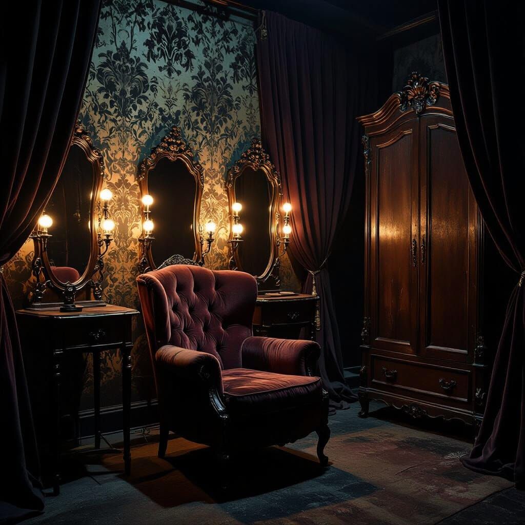 Gothic Theater Dressing Room with Velvet Armchair