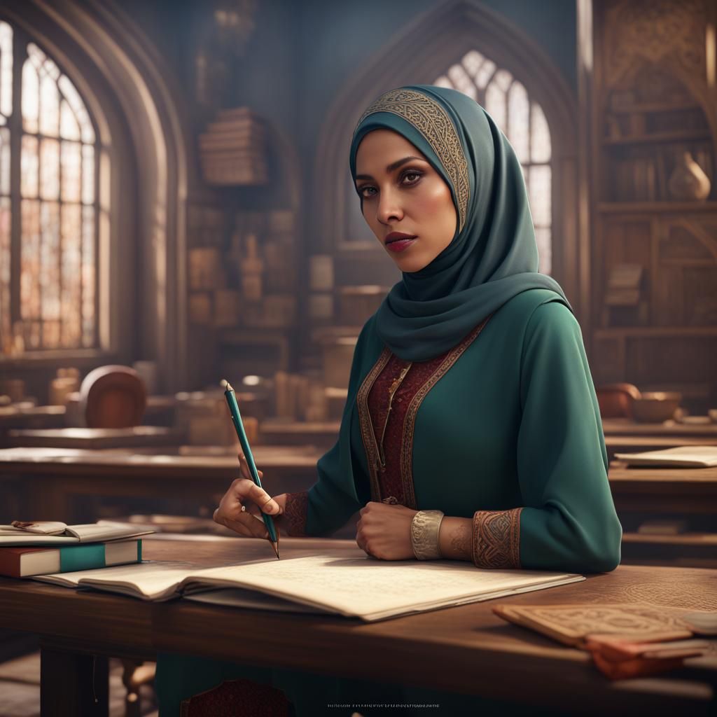 Hijab-Wearing Teacher in Detailed Matte Painting