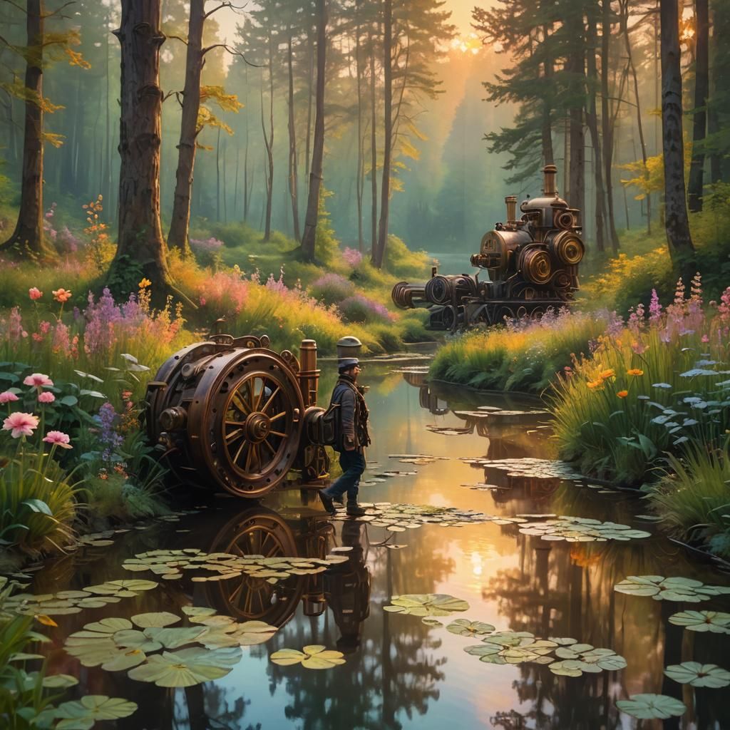 Impressionist Sunset Landscape with Steampunk Flowers