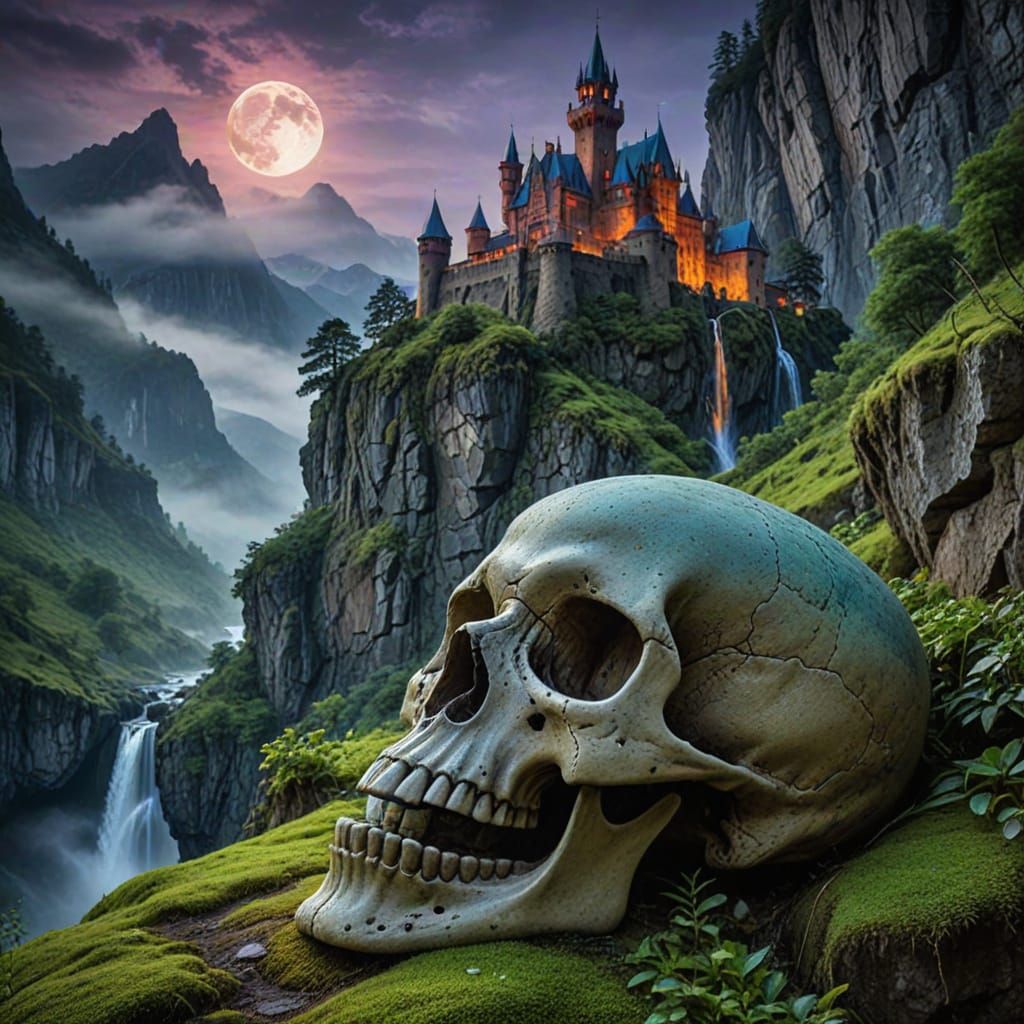 Mossy Skull Sculpture with Castle Relief