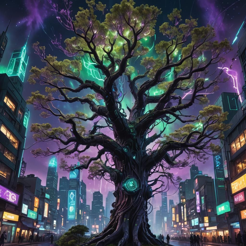 Cyberpunk Cityscape in Bioluminescent Tree with Aurora