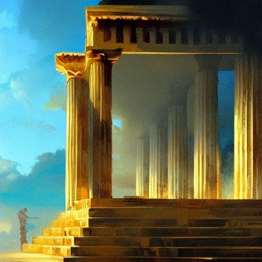 Golden Greek Temples on Clouds, Sinister Fantasy Art