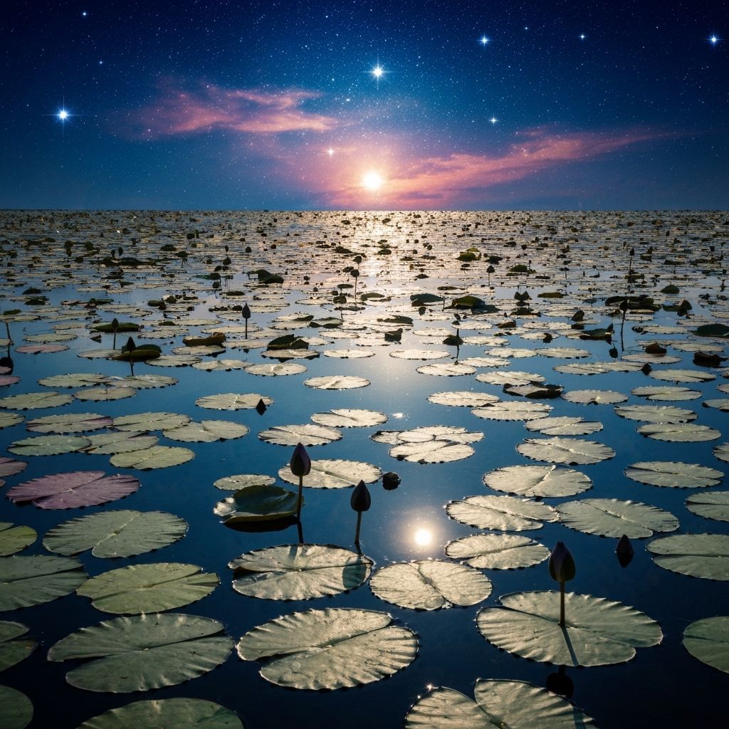 Sparkling Lotus Pond Reflecting Cosmic Skies
