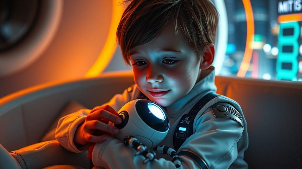 Girl with Robot Pet in Futuristic Room