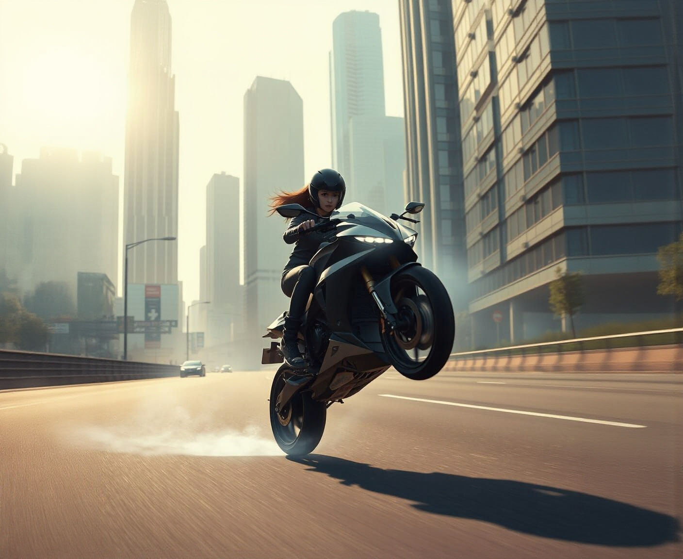 Cyberpunk Girl on Motorcycle Does Wheelie
