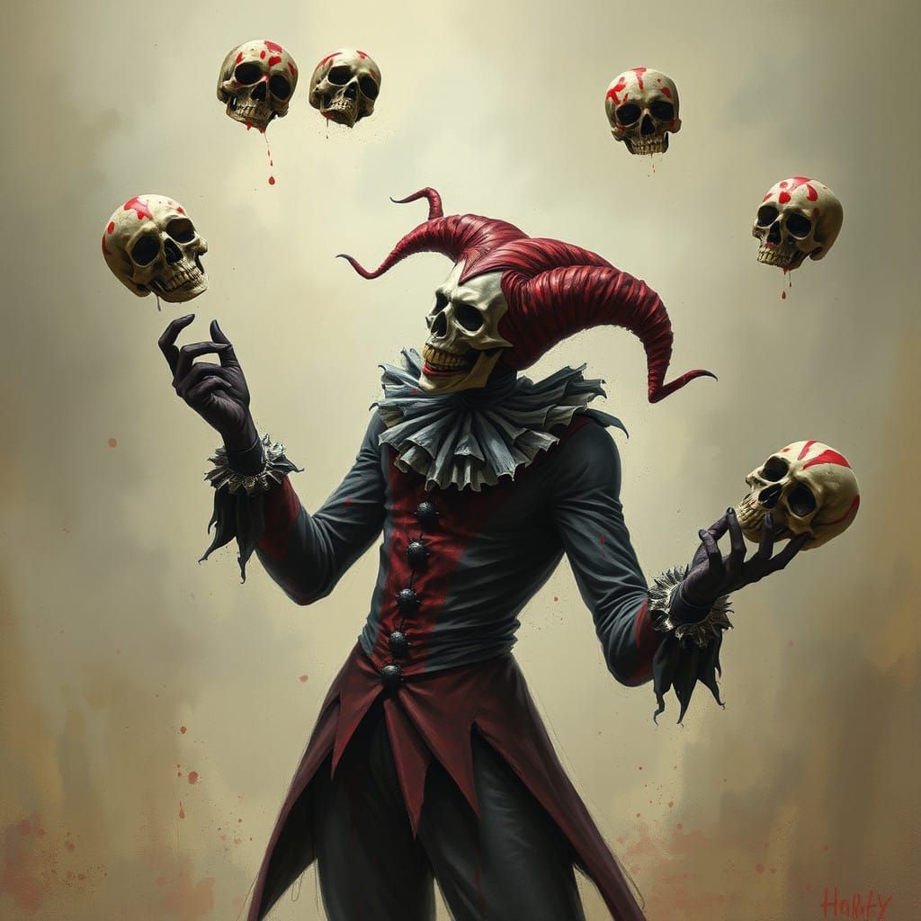 Jester Juggles Skulls in a Sinister Realm