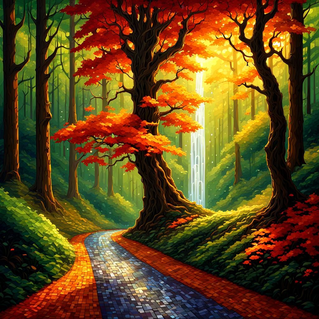 Gemstone Mosaic Waterfall Path in Detailed Comic Art Style