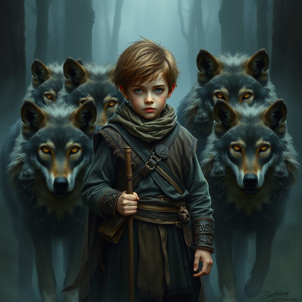 Boy Protected by Wolves in Misty Forest