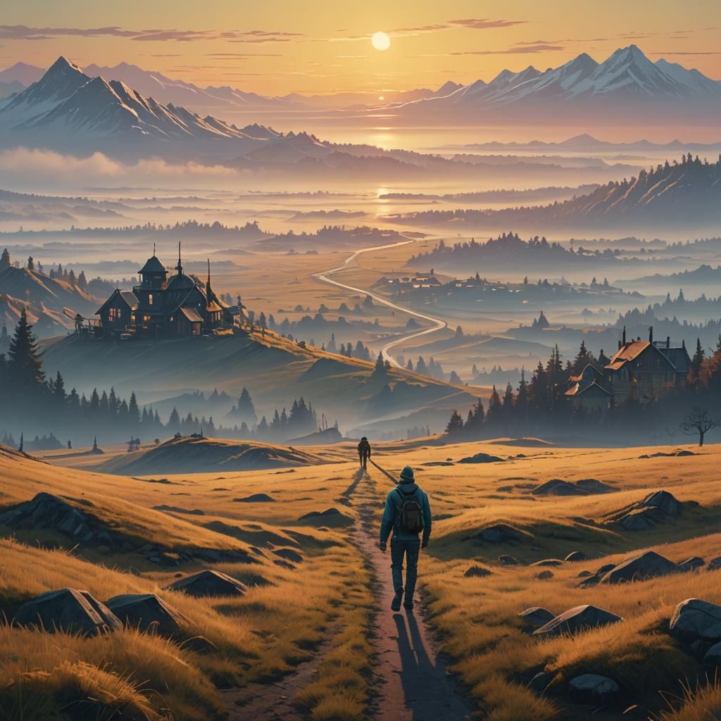 Person Walks Towards Dawn in Hyper-Realistic Digital Art
