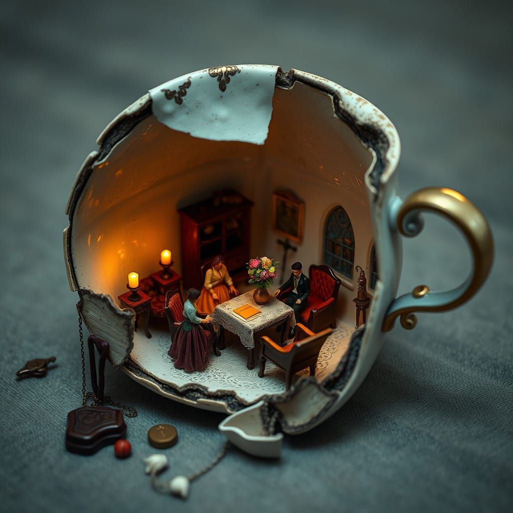 Whimsical Miniature Community in Delicate Tea Cup Dwelling