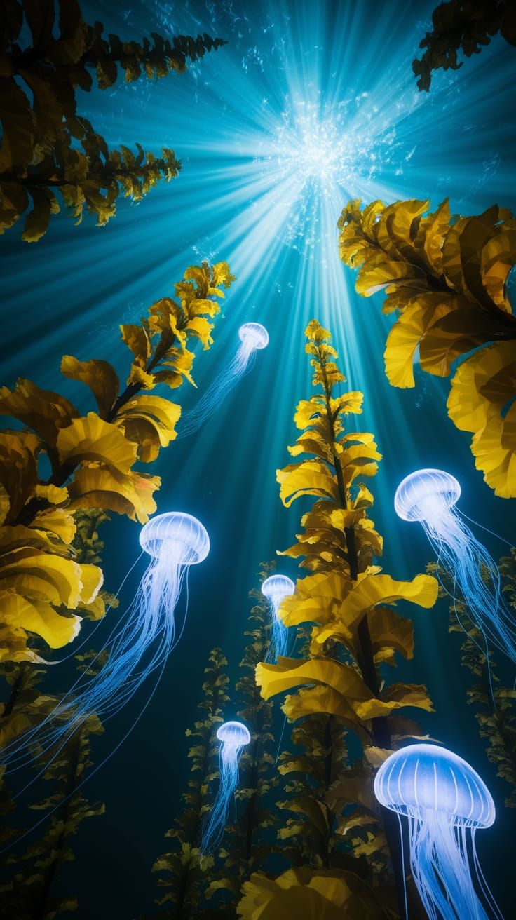 Bioluminescent Jellyfish in Emerald Kelp Forest