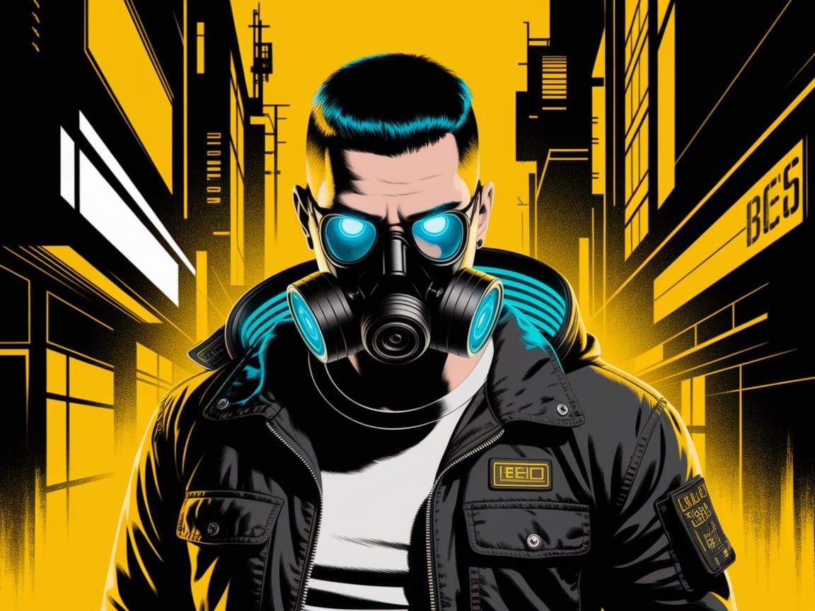 Cyberpunk Figure Stands Tall in Neon-Lit Cityscape