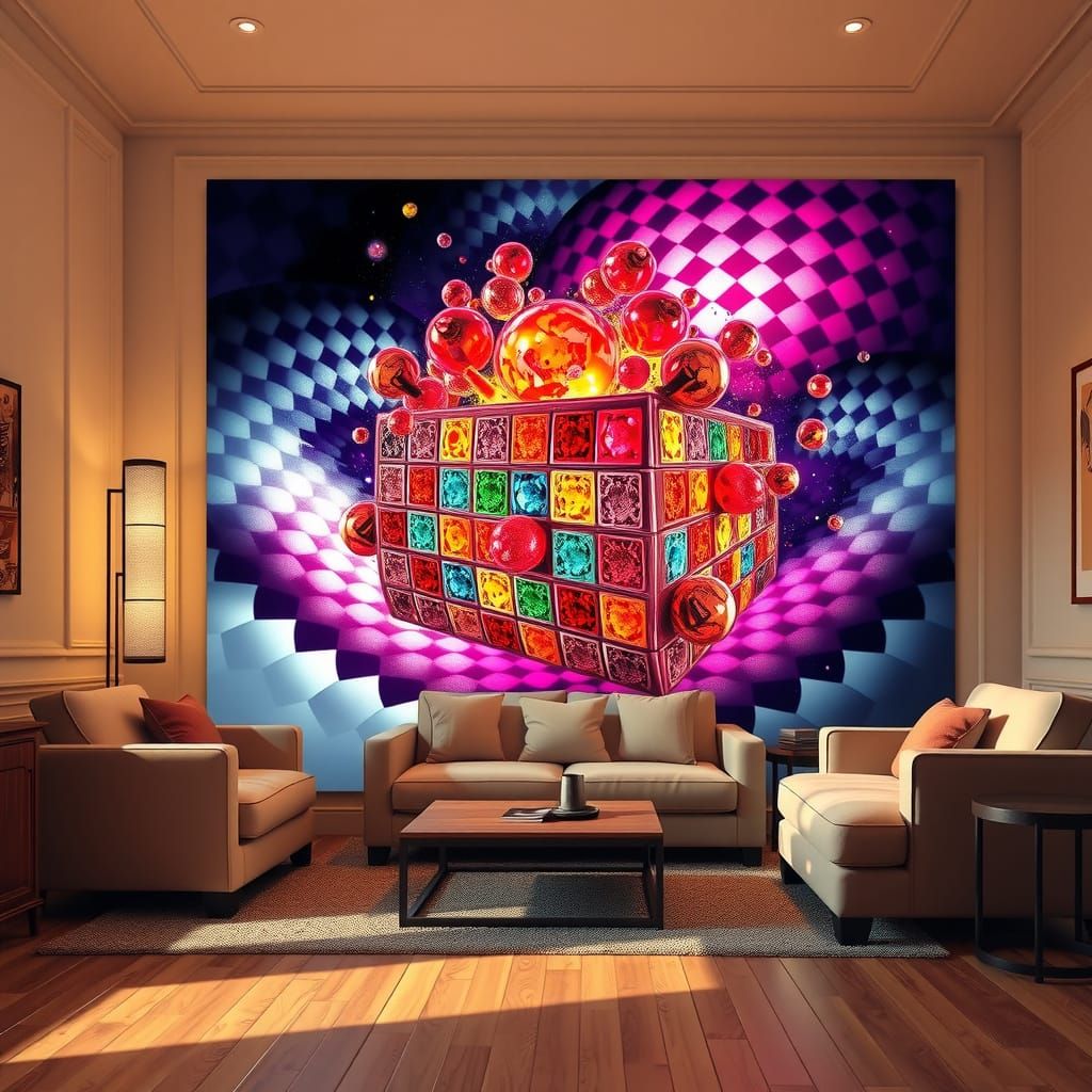 A cozy room with a picture on the entire wall,