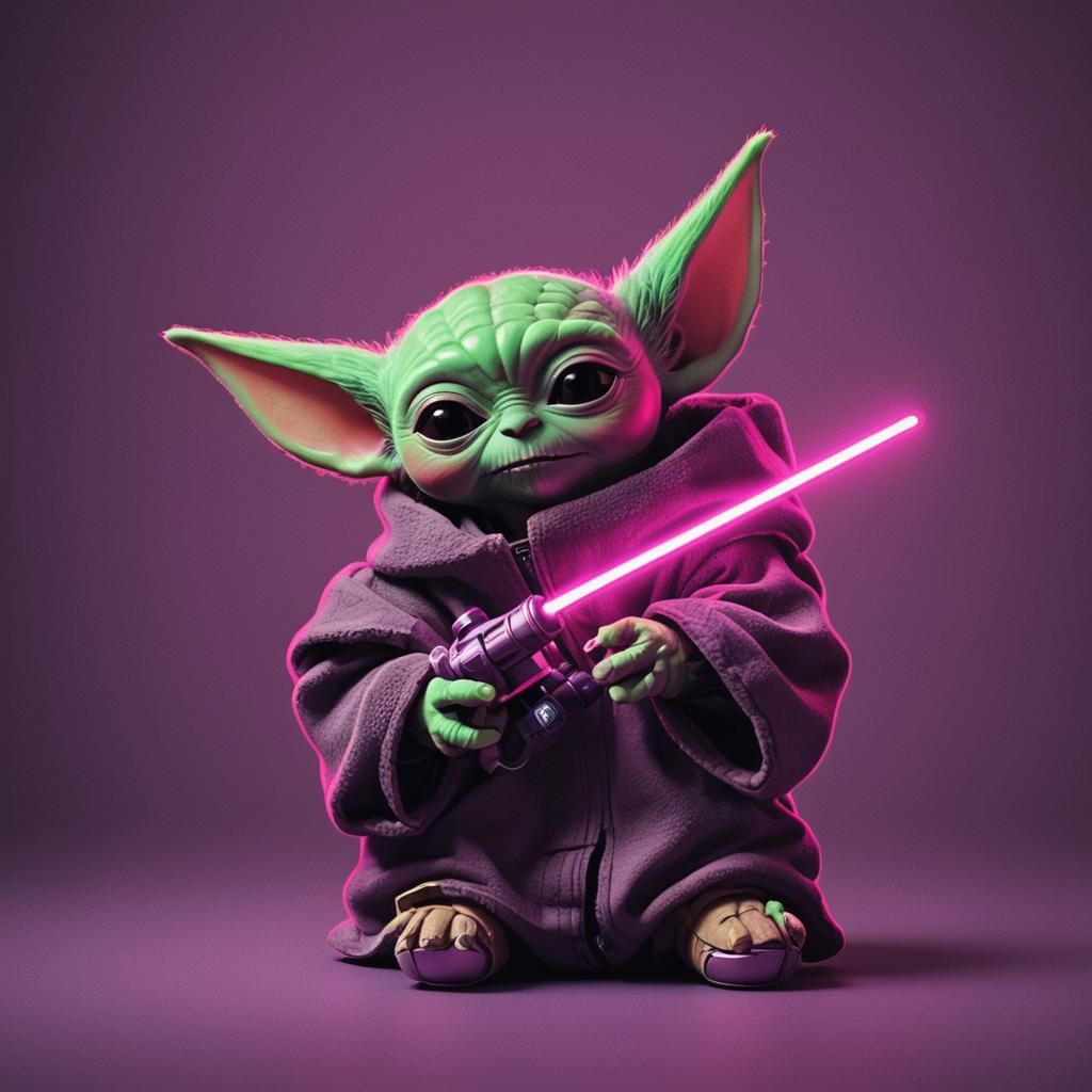 Baby Yoda with Toy in Synthwave Neon Style