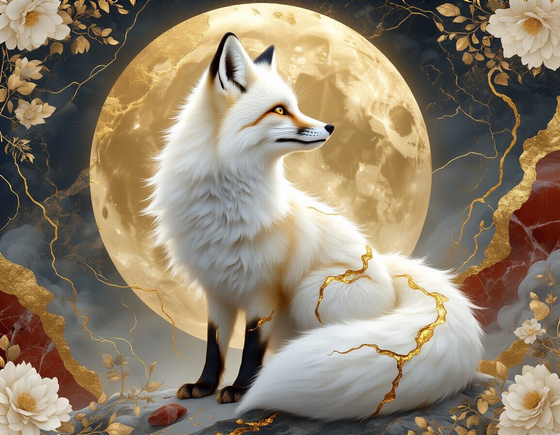 Majestic White Fox with Gold Kintsugi Accents