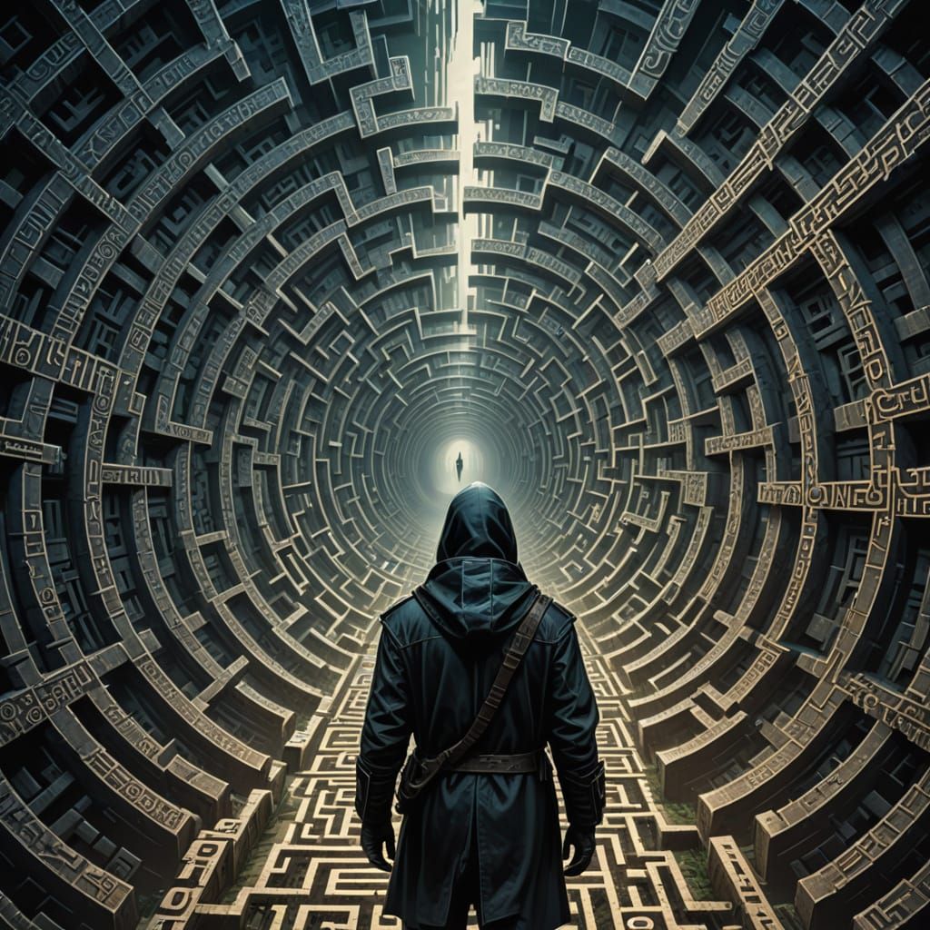 Person Navigates Mathematical Maze in Dark Fantasy Style