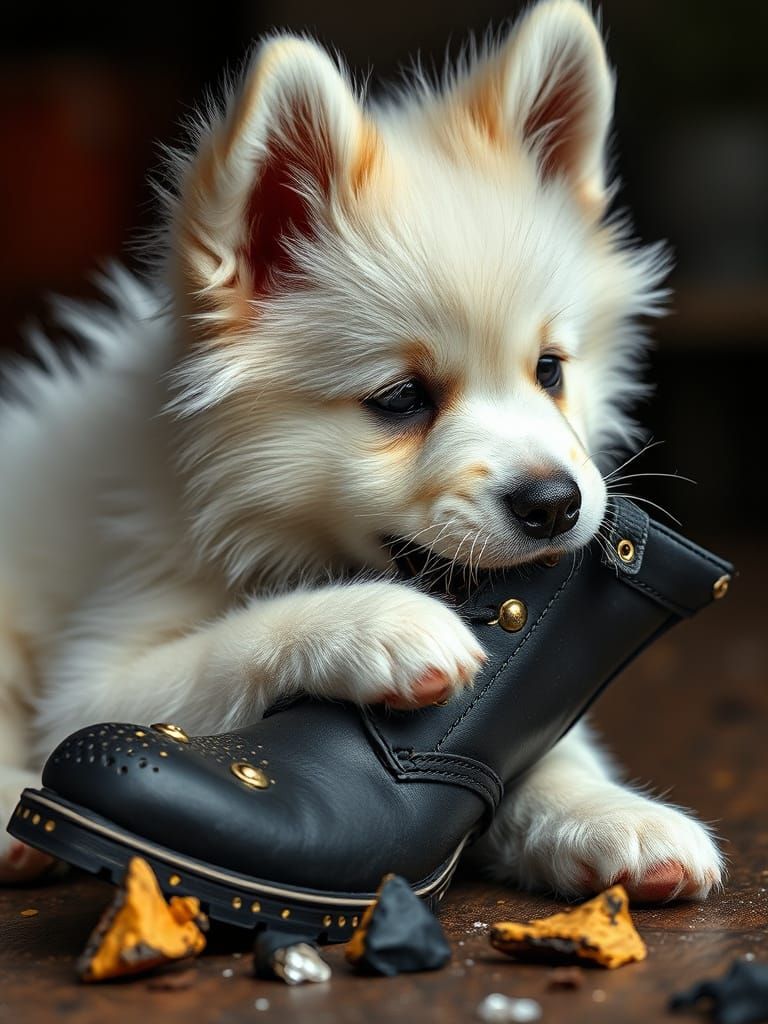 Fluffy Samoyed Puppy Playfully Gnaws Black Boot in Hyperreal...