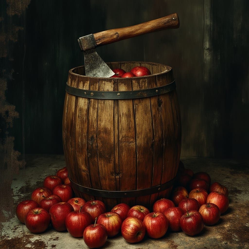 Foreboding Still Life: Axe in Barrel with Apples