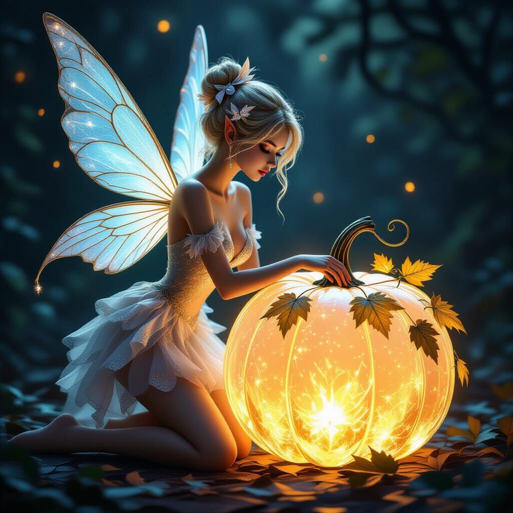 A fairy with translucent wings gracefully poses next to a lu...